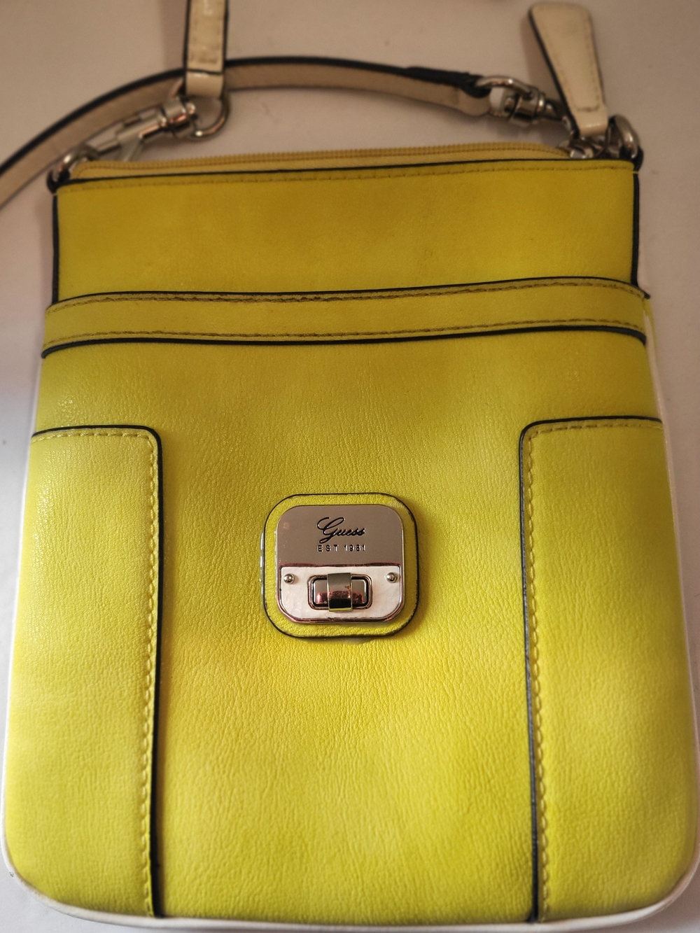 GUESS PU Leather Crossbody with Silver Turn-Lock Color: Chartreuse